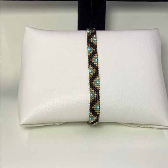 Cute Handcrafted Loom-Beaded Bracelet with Turquoise ,Black and Gold Beads - Picture 6 of 9